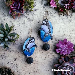 Hand painted great white shark earrings, sterling silver, OOAK fish ocean